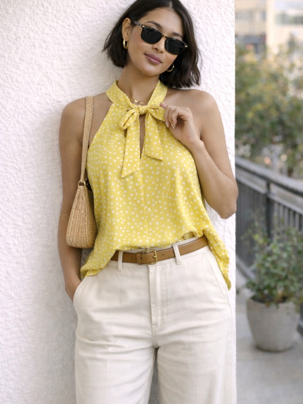 NWT Lulus Yellow Polka Dot Halter Top Tie Neck Sleeveless Blouse XS Womens